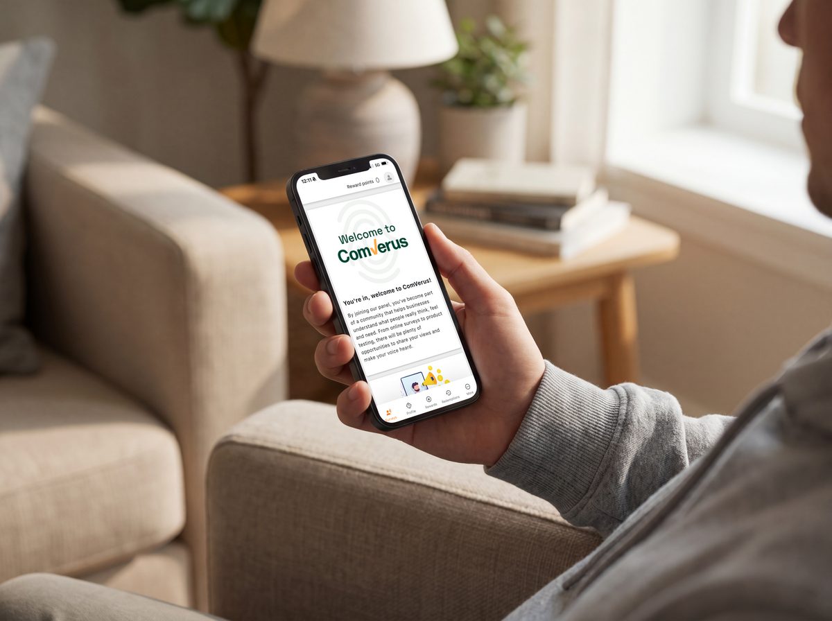 A member holding a phone showing the ComVerus app welcome screen and reward points